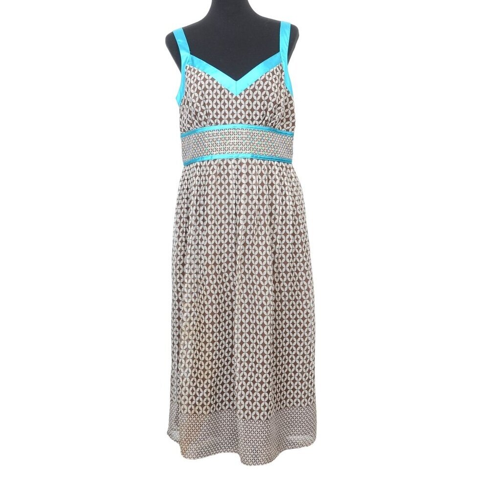 Signature by Robbie Bee 100% Silk Size 12 Turquoise‎ Brown Summer Midi Dress